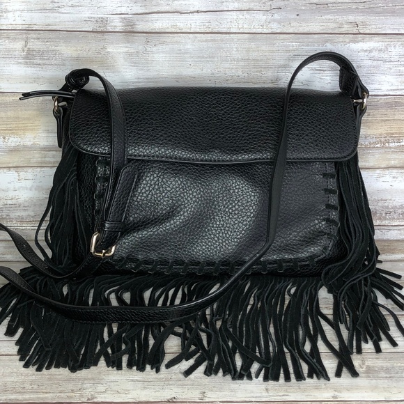 Moda Luxe Handbags - Moda Luxe Black Fringed Leather Crossbody Bag